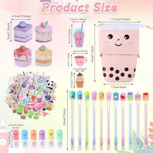 Sabary 228 Pcs Kawaii Stationary Set, Telescopic Boba Pencil Pouch, Gel Ink Pen, Sticky Note, Cute School Supplies for