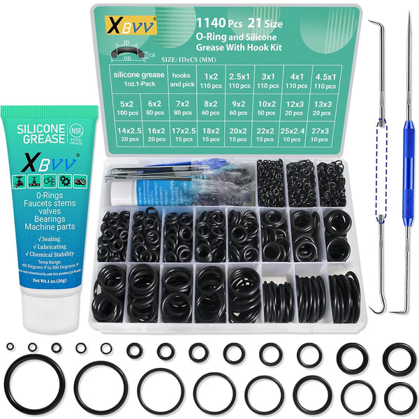 1140 Pcs Faucet O-Ring Assortment Kit with Food Grade Silicone Grease for Pressure Washer Seal Repair