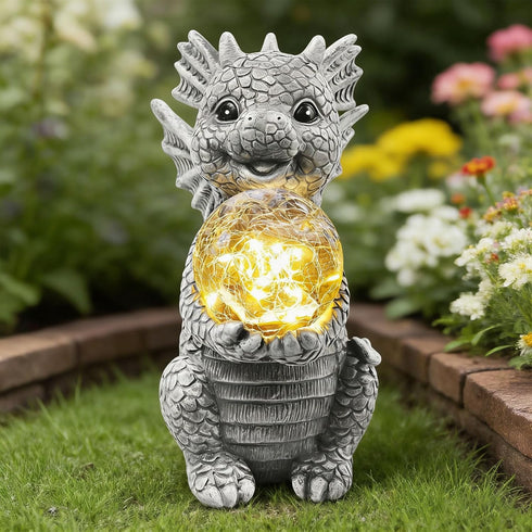Solar Garden Decorations - Dragon Statue with Crackle Glass Ball Light - Garden Decor for Patio, Yard, Lawn, Pathway