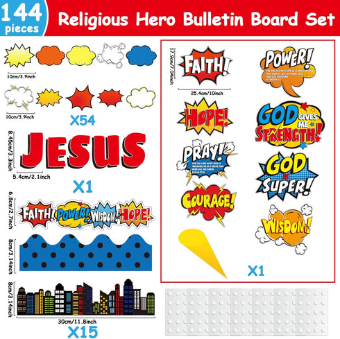 Religious Hero Bulletin Board Set, Super Theme Hero Jesus Religious Decor Bulletin Board Cutouts, Christian Sunday School Preschool Classroom Decorations Cutouts Wall Decor, 114 Pieces by Qyeahkj