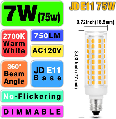 JDE11 LED Bulbs Dimmable, Replace 120V 75W Halogen Candelabra Bulbs, 2700K Warm White, 7W, 2 Pack
