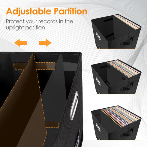 Vinyl Record Storage Box for 50+ Single LPs, Stackable Albums Linen Crate with Lid, Collapsible Document Organizer