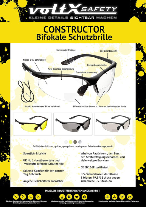 voltX 'CONSTRUCTOR' BIFOCAL Reading Safety Glasses, CLEAR +2.5 Dioptre, ANSI Z87.1+ & CE EN166F