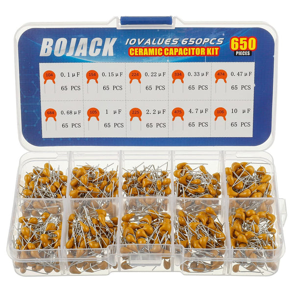 BOJACK 10 Type Values 650Pcs Ceramic Capacitor Assortment Kit, Capacitors from 0.1uf to 10 uF