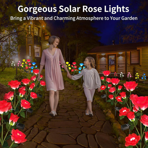 10 2 Pack Solar Garden Lights, Solar Outdoor Lights with More Realistic Rose Waterproof Solar Powered Flowers