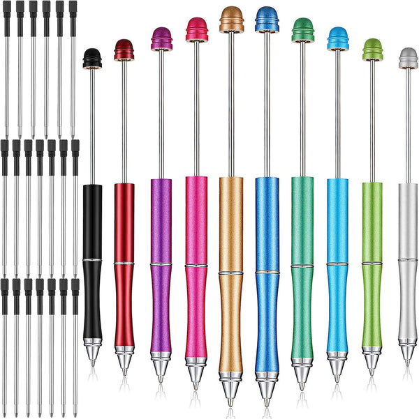 Chivao Metal Beadable Pens, Assorted Colors, Bulk Bead Pens, Black Bling Ink, 10 Pieces with Refills