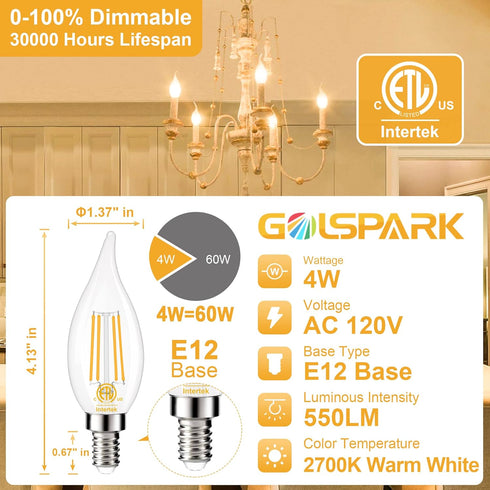 GOLSPARK E12 Dimmable LED Bulb, 60W Equivalent, 10 Pack, 2700K Warm White Type B E12 Candelabra, Clear Glass