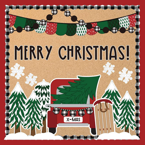 Whaline 139Pcs Christmas Classroom Bulletin Board Decoration Kit, Xmas Tree Red Truck Cutouts with Glue Point Stickers