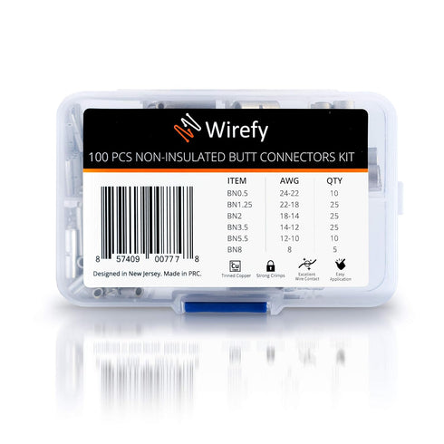 Wirefy 100 PCS Non Insulated Butt Connectors Kit, Uninsulated Crimp Wire Connectors for 24-8 AWG