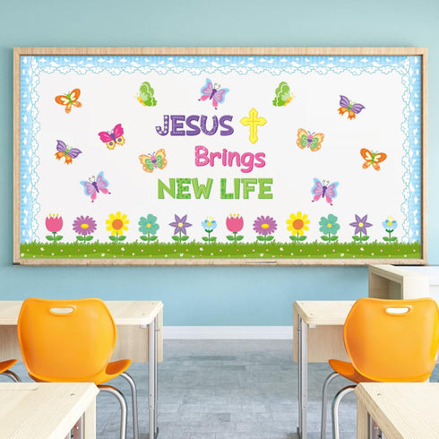 Yopyame 94PCS Bulletin Board Set, Jesus Brings New Life, Spring Butterfly Flowers, Easter Decor