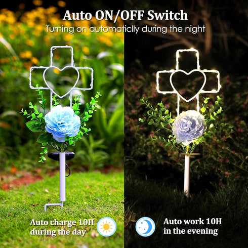 16 Inch Solar Cross Garden Stake Lights with 1 Artificial Flower, Metal Garden Art for Patio Lawn Decor