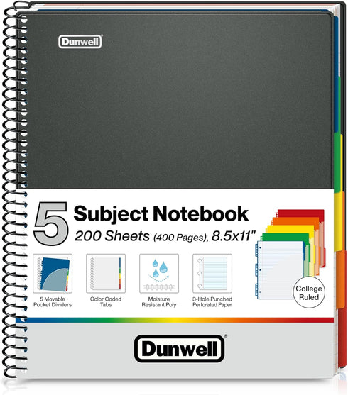 Dunwell 5-Subject College Ruled Notebook, 8.5 x 11, 200 Sheets (400 Pages), Spiral Notebook with Movable Pocket Dividers