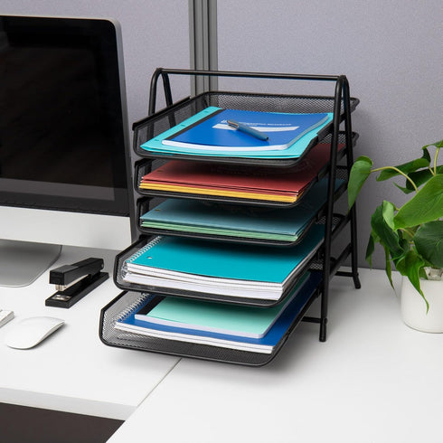 Mind Reader 5-Tier Paper Tray, Set of 2, Black Metal Mesh Desktop Organizer, File Storage, 11.75" L x 14" W x 14.5" H