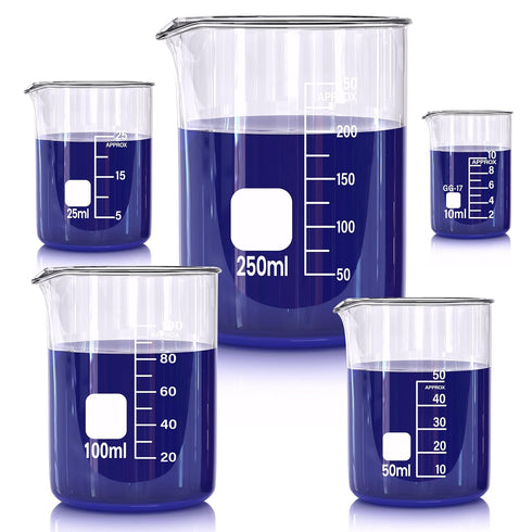 Glass Beakers Set, 5 Sizes - 10ml, 25ml, 50ml, 100ml, 250ml, 3.3 Borosilicate Beakers for Laboratories or Classrooms