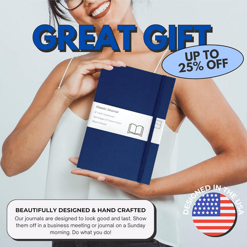 Portage Blank Hardcover Aesthetic Notebook, 6 x 8.5 Inches, 224 Pages, Navy Blue, Bleed-Proof Paper Notepad