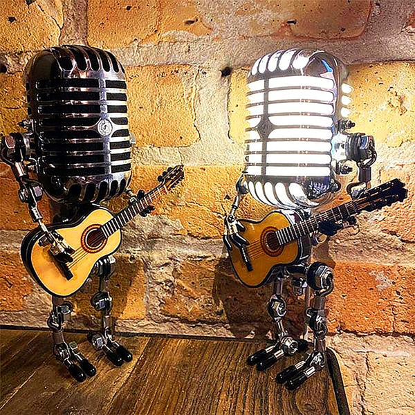 YJYdadaS Handmade Vintage Microphone Guitar Robot Table Lamp, LED Bulbs Wall Lamp for Home Desktop Decoration (8.5 inch)