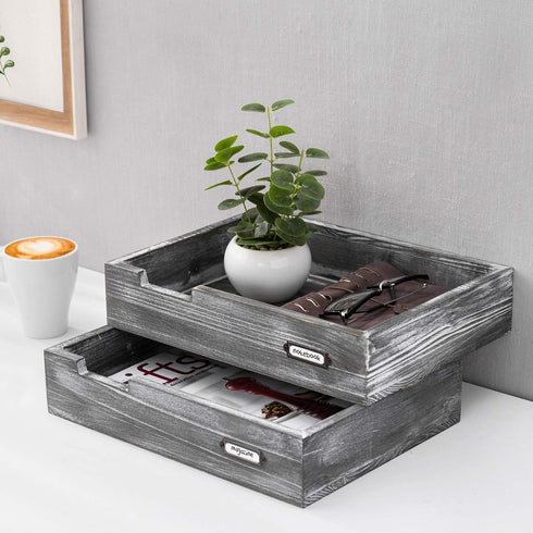 Set of 2 Ash Gray Wood Document Letter Paper Trays - Stackable Decorative Office Desktop File Organizer