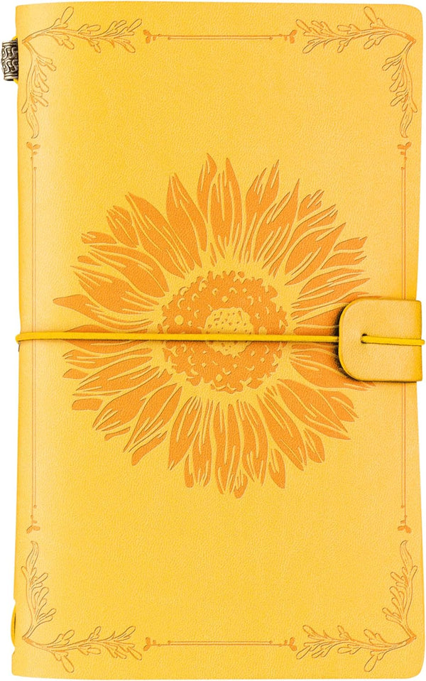 InnoBeta Sunflower Leather Journal Notebook 7x5 Inches, Refillable Sketchbook, Lined Planner, Travel Diary - Yellow -
