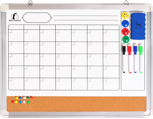Whiteboard Monthly Wall Calendar Set | 24 x 18 inch Magnetic Dry Erase/Cork Board Planner with Accessories