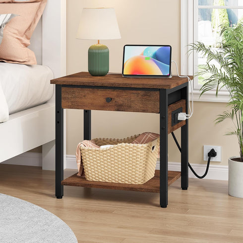 Gewudraw 2-Tier Printer Stand with Charging Station, Under Desk Printer Table, Side Table with Storage Shelves for Home