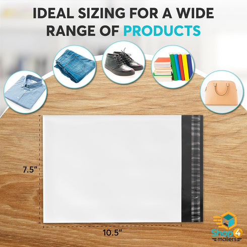 Shop4Mailers 7.5 x 10.5 Glossy White Plastic Self Seal Poly Mailer - Waterproof Shipping Envelope, 1000 Pack