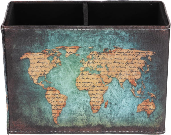 TEHAUX World Map PU Leather Pen Holder, Vintage Desktop Organizer for Office, School, Home