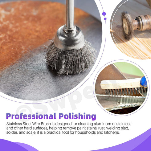 Swpeet 9Pcs Wire Scratch Brush Kit, Including 5Pcs Wire Wheel Cup Brush and 3Pcs Brass/Stainless/Carbon Steel Brushes