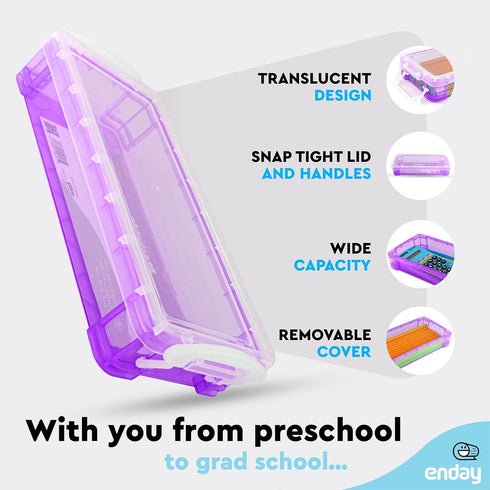 Enday Pencil Case Purple, Plastic Stackable Assorted Color Box, Large Capacity School & Office Supplies