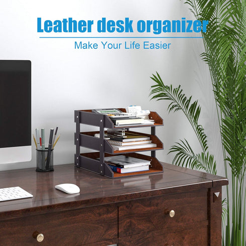 Leather Desk Organizer, Thipoten 3-Tier Stackable Letter Tray Holder for Office Supplies, Paper, File, Magazine,