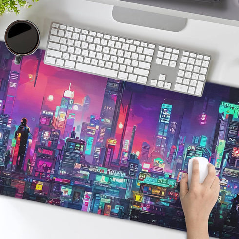 Retro Japanese Anime Gaming Mouse Pad XL, Cool Dark Purple Red Vaporwave City Extended Desk Mat