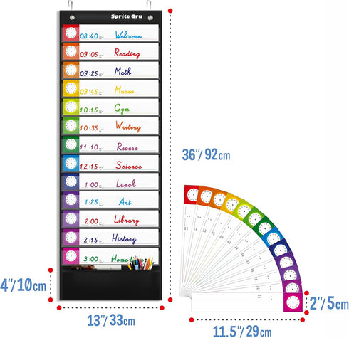 Daily Schedule Pocket Chart, Classroom Charts with 13+1 Pockets, 13 Double-Sided Reusable Colored Cards (Black, 13” x