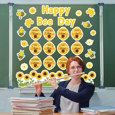 Bee Birthday Bulletin Board Set with Happy Bee Day Decorations, Honeycomb Cutouts, and Sunflowers for Classroom Decor