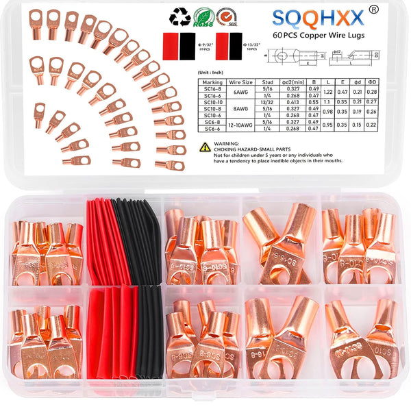 Copper Wire Lugs AWG12 10 8 6 Gauge Connectors, SQQHXX Heat Shrink Set with 30Pcs Battery Cable Ends