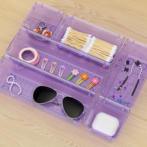 WOWBOX 12 Pack Clear Acrylic Drawer Organizer Set, Storage Bins for Makeup, Jewelry, Office, Purple