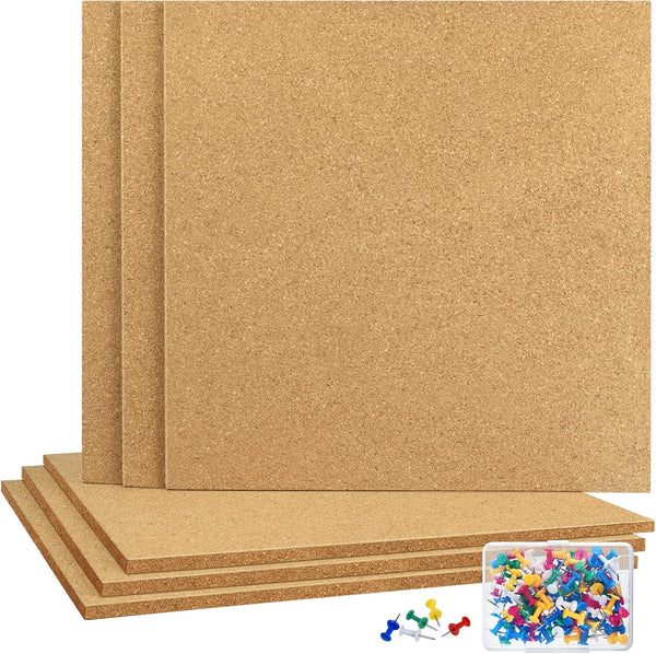 TUPARKA 6 Pack Cork Board 12"x12" - 1/4" Self-Adhesive Corkboards with 100 Push Pins for Wall Decor