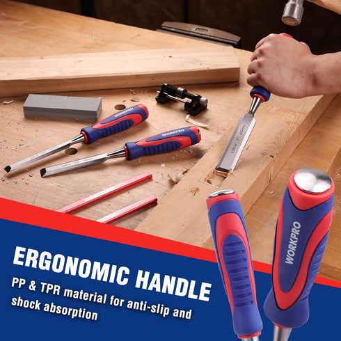 10-Piece Set (1/4", 1/2", 3/4", 1", 1-1/4", 1-1/2") WORKPRO Wood Chisel for Woodworking, Cr-V Bevel Edge Chisels