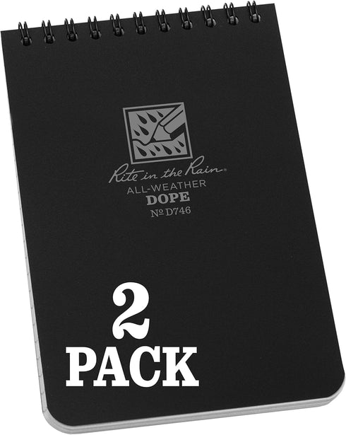 Rite in the Rain Weatherproof Top Spiral DOPE Logbook, 4" x 6", Black Cover, 2 Pack (No. D746L2)