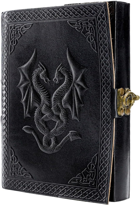 Handmade Leather Double Dragon Journal, Writing Notebook Diary for Men & Women, Unlined Paper Medium Writing Pad