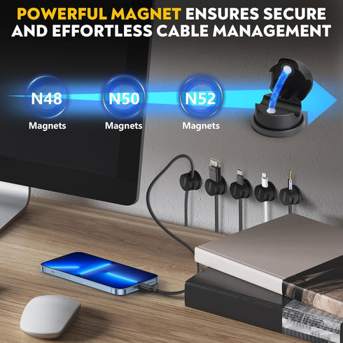 VieHome 8 Pack w/360 Magnetic Cable Management Clips - Ideal Cord Holder for Nightstand, Desk, Charger Holder - Phone