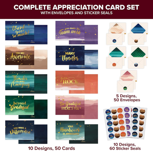50 Pack 6x4in 10 Decorably Gold Foiled Watercolor Employee Appreciation Cards with Envelopes and Stickers, Designs