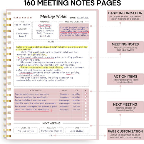 Meeting Notebook For Work Organization - Work Planner Notebook With Action Items, Agenda Planner For Note Taking, 160Pages (6.9" X 9.9") Project Planner For Men & Women - Pink by Taja