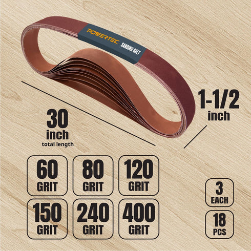 POWERTEC 18PK 1-1/2 x 30 Inch Sanding Belts - Aluminum Oxide Belt Sander Paper Assortment for Woodworking