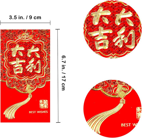 Winlyn 120 Pcs Asian Red Envelopes, 6 Designs for Chinese Lunar New Year, Wedding, Birthday, Cash Envelopes