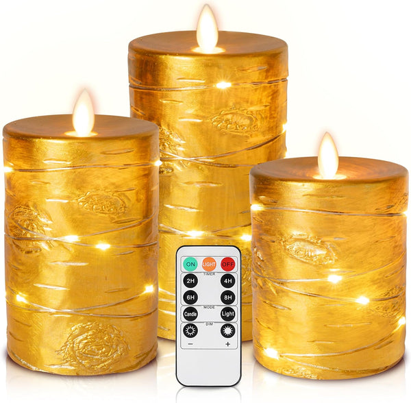 Da by Gold Flameless Candle, Battery-Powered Candle with Recessed String Light, LED