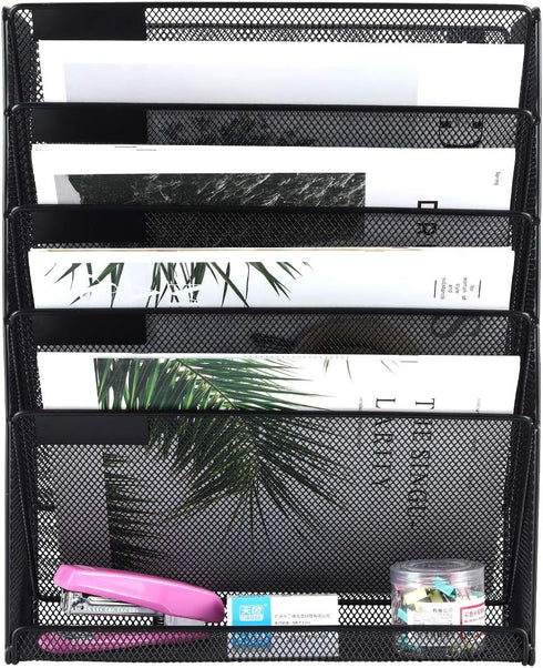 EasyPAG 5 Slot Wall Hanging File Organizer - Vertical Office Desk / Wall Mounted Paper Holder with Bottom Tray, Black