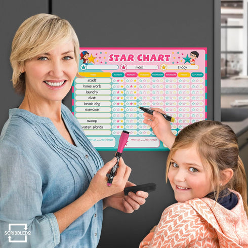 Magnetic Reward Chart for Kids, Dry Erase 13” X 17” Multiple Kids Refrigerator Star Behavior Chore Chart for Home,