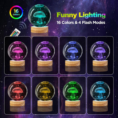 Oriamde 3D 3.15 inch 16 Mushroom Crystal Ball Night Light Glass Ball Lamp with Color Changing Wooden Base and Remote