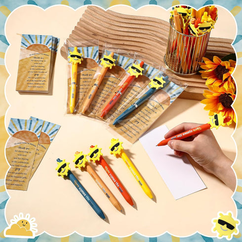 Sayglossy 100 Sets Here Comes The Son Theme Baby Shower Favors for Guests Ballpoint Thank You Card Organza Bag Boho