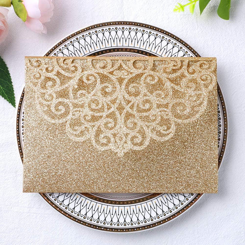 ponatia 20PCS Tri-Fold 5 x 7 Laser Cut Wedding Invitation Pockets, 5.12 x 7.2 (Gold Glitter, No Inner Sheet)