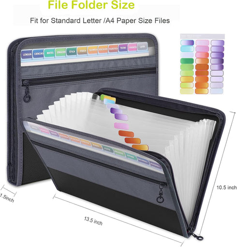 MEGREZ Expanding File Folder with 13 Pockets, 2 Pack A4 Paper Organizer with Zipper, Black